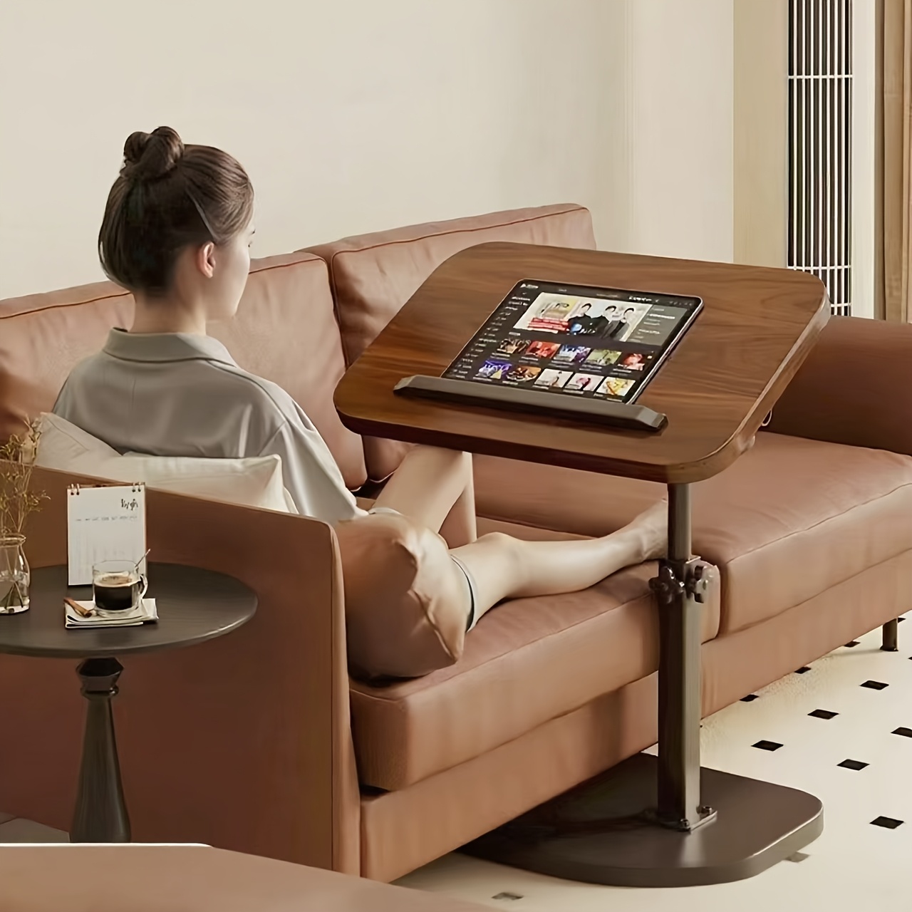 Tables - ブラックウォールナット製スイベルノートパソコンデスク、高さ調節可能なサイドテーブル＆製図テーブル、家庭およびオフィス用モバイルベッドサイドテーブル