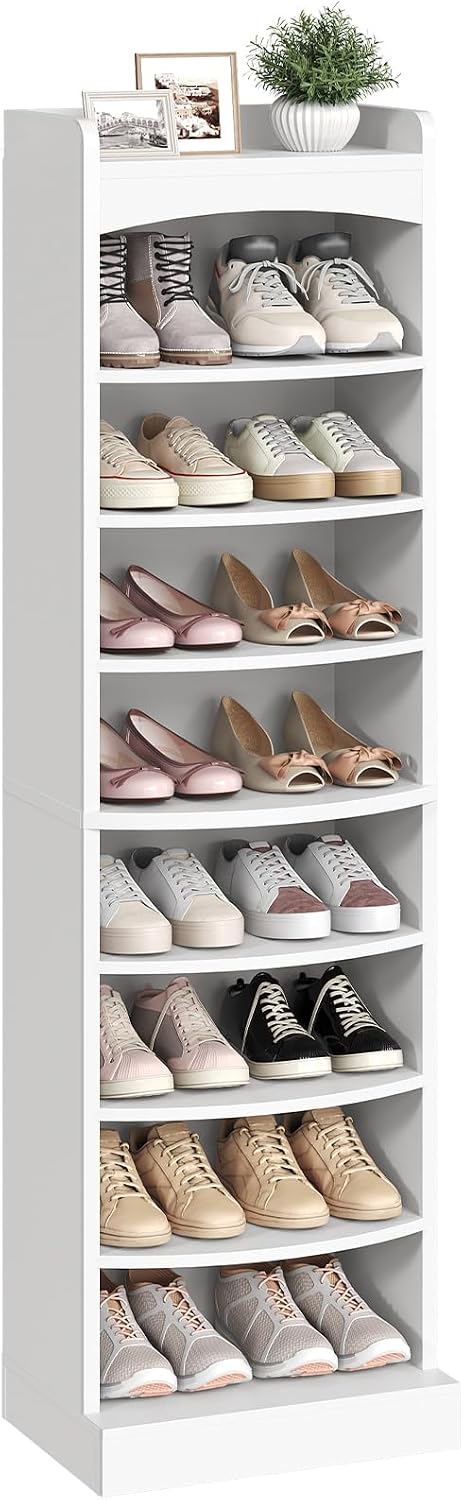 Shoe Rack Cabinet Narrow Entryway - 高さのある9段式の木製シューズラック。取り外し可能な棚付きで、狭いスペースにも設置可能。18足収納可能。玄関や廊下での靴の収納に最適。色は白。
