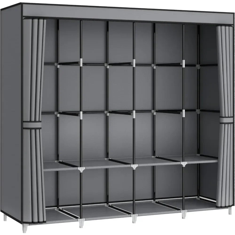 Wardrobe Closet Portable Fabric Cover - 67インチのポータブルクローゼットワードローブ、不織布カバー付き衣類ラック収納オーガナイザー、衣類用ハンガーロッド4本付き