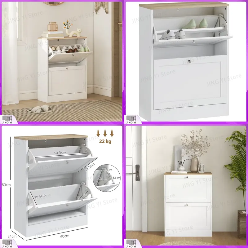 Shoe Rack Cabinet Narrow Entryway - 狭いスペース用の白い収納オーガナイザー、2つのフリップドロワーと調節可能な棚付きの細身の靴箱、玄関、廊下、寝室に最適