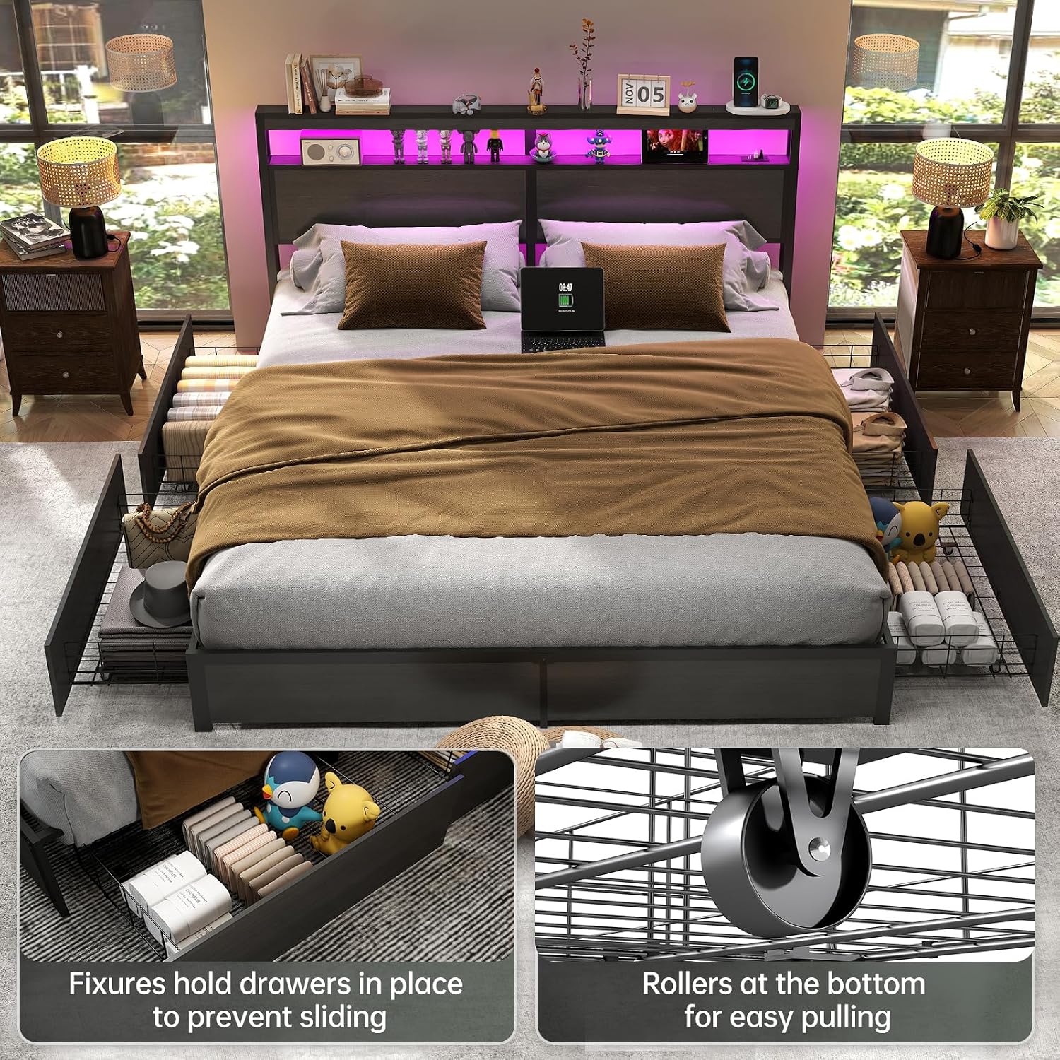 King Size Bed Frame With Storage Drawers - キングサイズベッドフレーム、LEDライト付きヘッドボードと4つの収納引き出し付き | 充電ステーション、金属製プラットフォーム、2段式収納