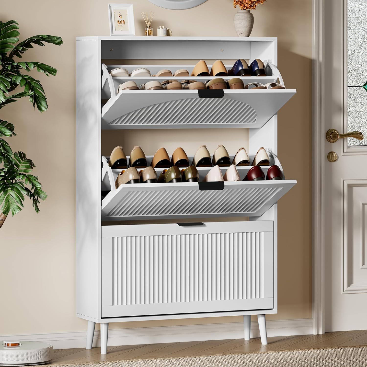 Shoe Rack Cabinet Narrow Entryway - シューズキャビネット 3つのフリップドロワー、高さ50インチのスリムな木製オーガナイザー、玄関ホール用、自立型隠しスリムラック、ホワイト、カスタマイズ可能