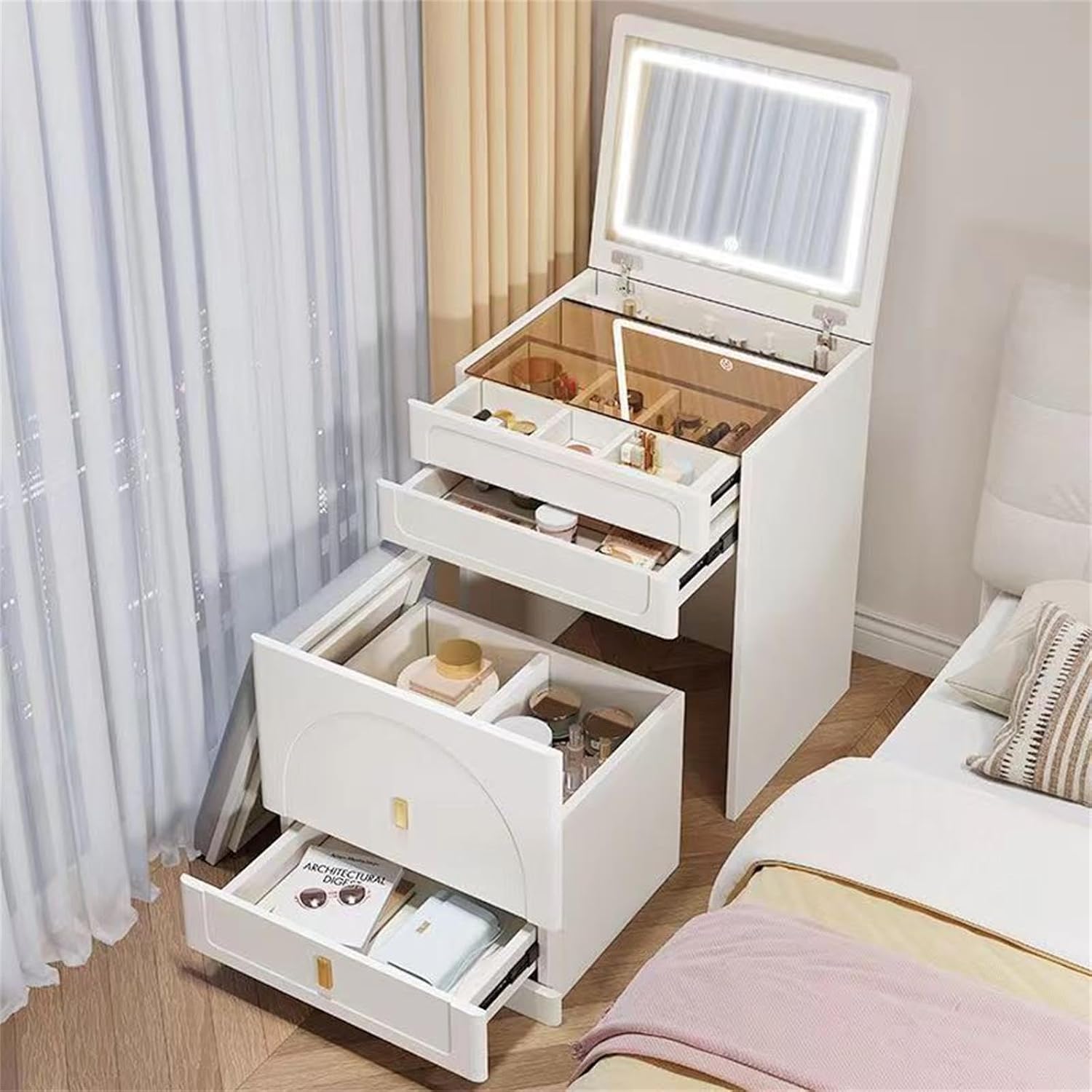 Dressing Table Vanity With Lighted Mirror - 鏡と照明付きの3in1ドレッサーデスク、引き出しとキャビネット付きのドレッシングテーブル、照明付き鏡付きドレッシングテーブル