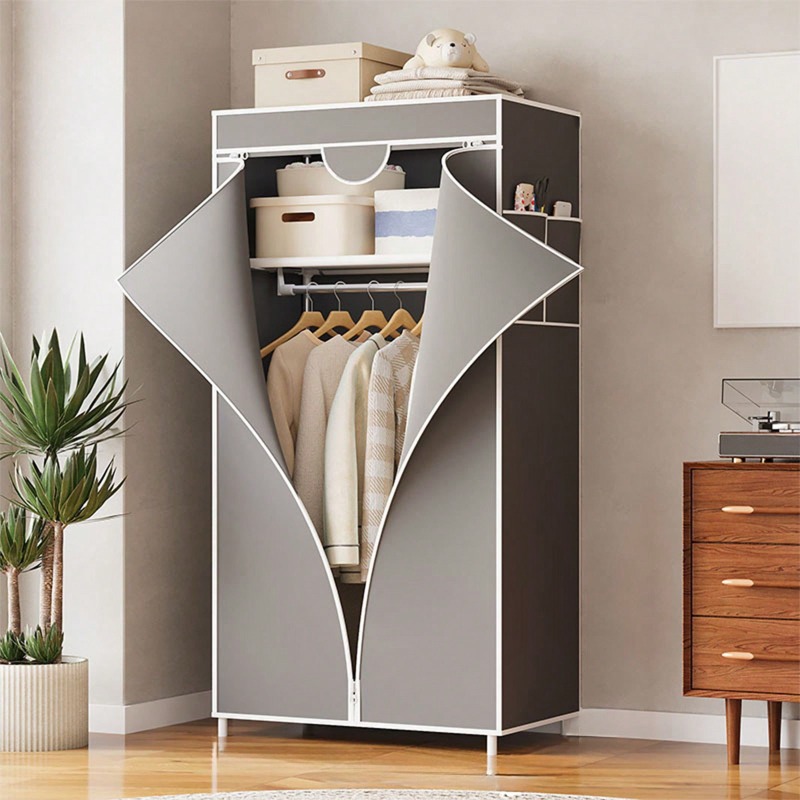 Wardrobe Closet Portable Fabric Cover - 赤／グレー／青／コーヒー色の、持ち運び可能な布製ワードローブ。防塵ファスナー付きカバー、ハンガーバーと収納棚を備えた自立式の衣類収納オーガナイザー。寝室、寮、アパート、狭いスペースに最適な折りたたみ式ワードローブ。