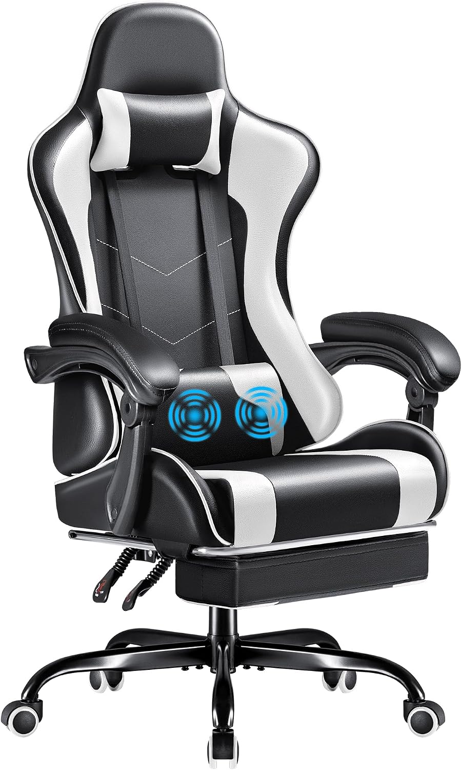 Sofas - Furmax ゲーミングチェア。フットレストとマッサージ機能付きの腰当て、高さ調節可能な回転式コンピューターチェア。ヘッドレスト付き。レーシングスタイルのeスポーツゲーマーチェア（ホワイト）。