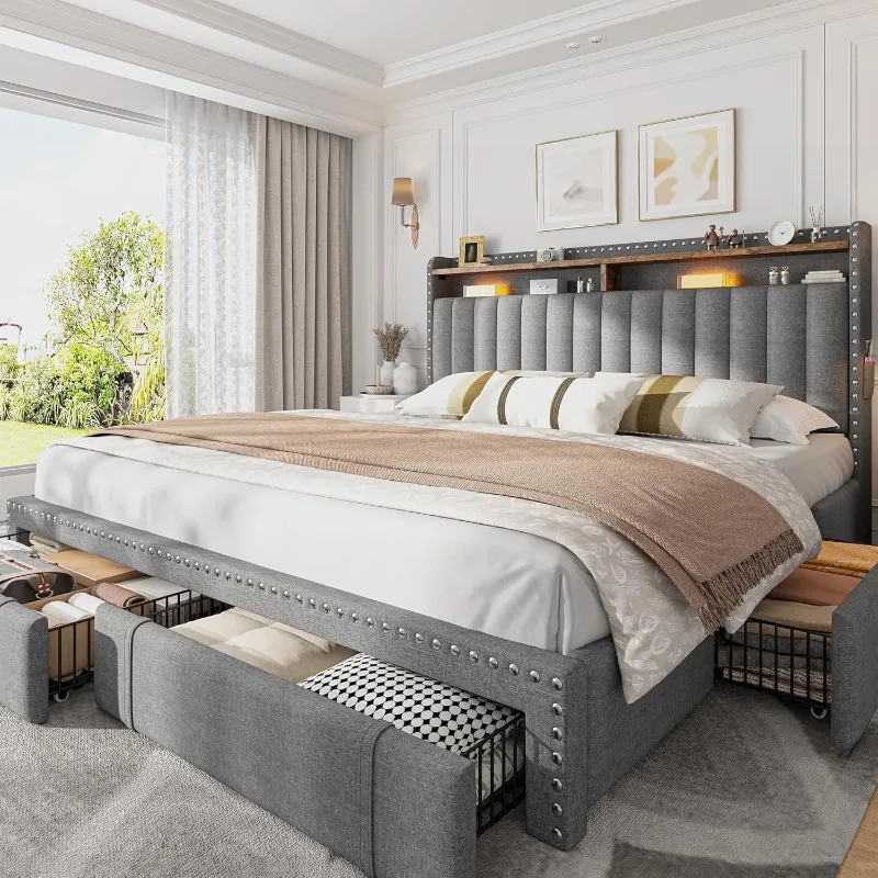 King Size Bed Frame With Storage Drawers - EnHomee キングサイズ布張りベッドフレーム、4つの収納引き出し、2段式収納ヘッドボード、木製スラット付きプラットフォームベッドフレーム