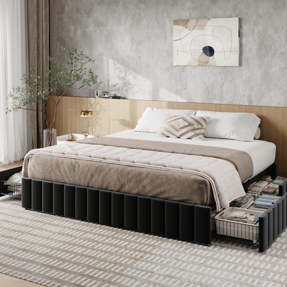 King Size Bed Frame With Storage Drawers - キングサイズのプラットフォームベッドフレーム、4つの大型収納引き出し付き、ベルベット製縦型チャンネルタフティング加工の布張りベッドベース、木製