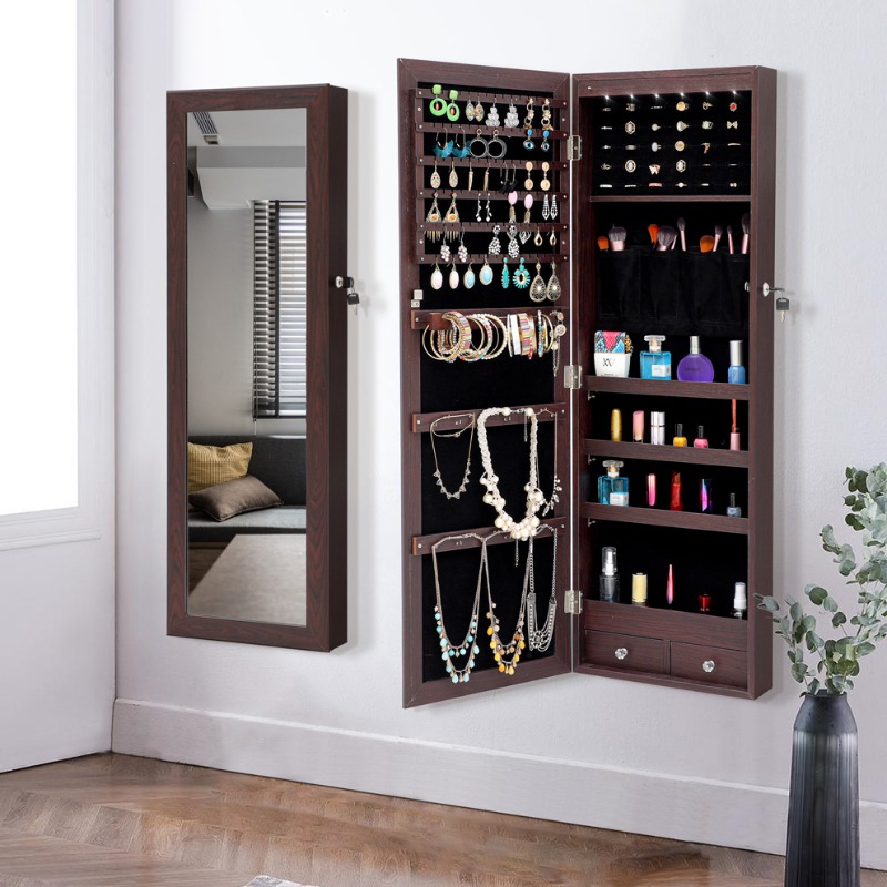 Full Length Mirror Jewelry Armoire - 全身鏡、ドレッシングミラー、家庭用化粧鏡、ジュエリーキャビネット一体型収納キャビネット、女の子の寝室用吊り下げ式シンプル
