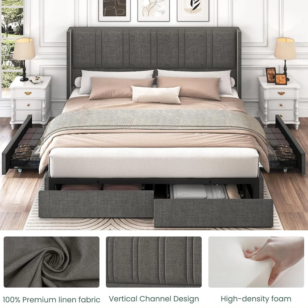 King Size Bed Frame With Storage Drawers - キングサイズのリネン張りプラットフォームベッドフレーム。背もたれ付きヘッドボード、収納引き出し、木製パーツ付き。カスタムメイド。