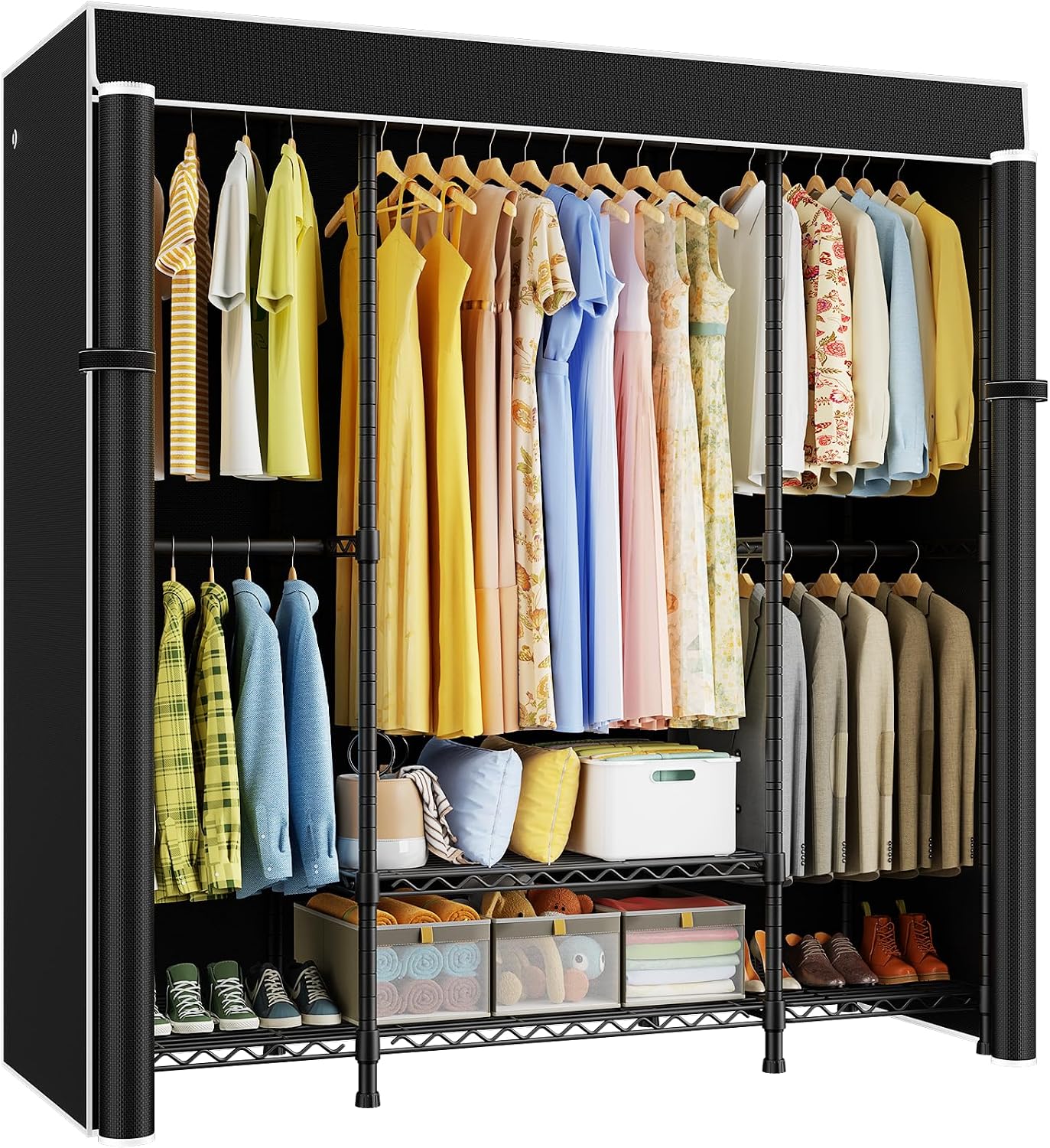 Wardrobe Closet Portable Fabric Cover - E3C製、頑丈な構造のポータブルクローゼット。黒い布製カバー付き。