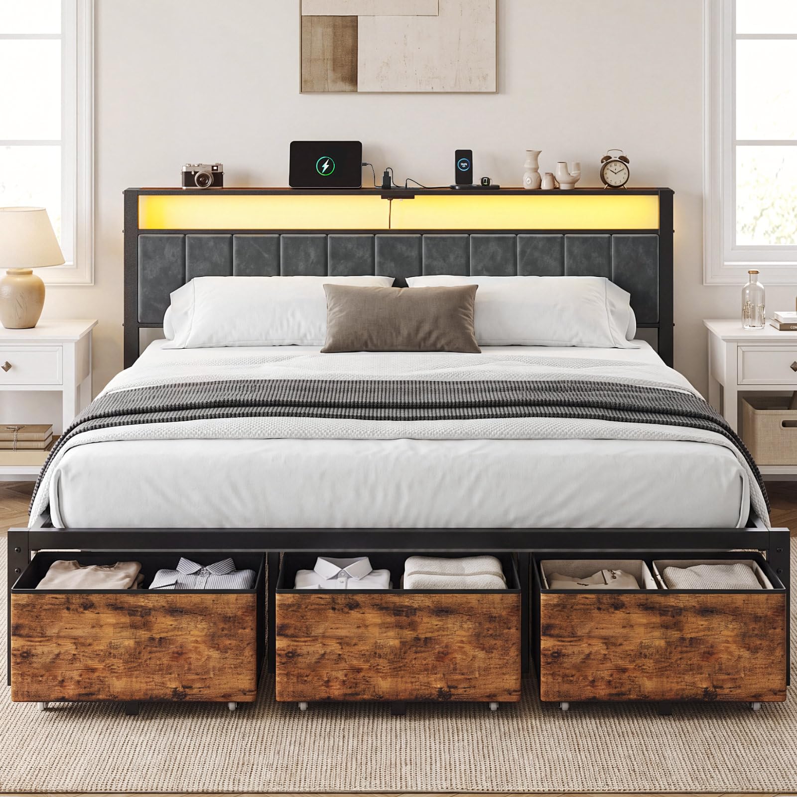 King Size Bed Frame With Storage Drawers - 収納付きヘッドボードと3つの引き出しを備えたキングサイズのベッドフレーム