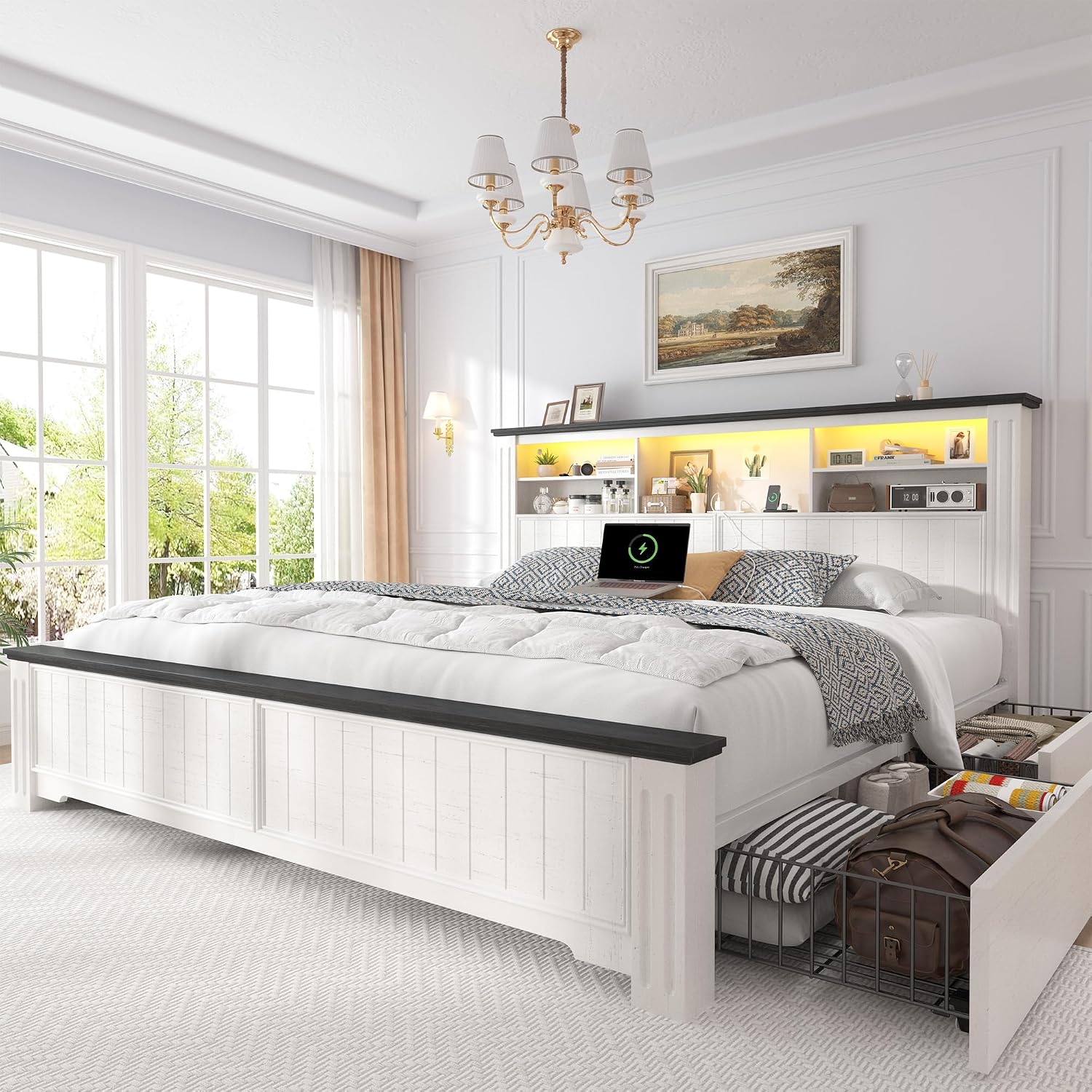 King Size Bed Frame With Storage Drawers - キングサイズのベッドフレームとヘッドボード、および収納引き出し4つ付き、ホワイト、カスタムメイド。