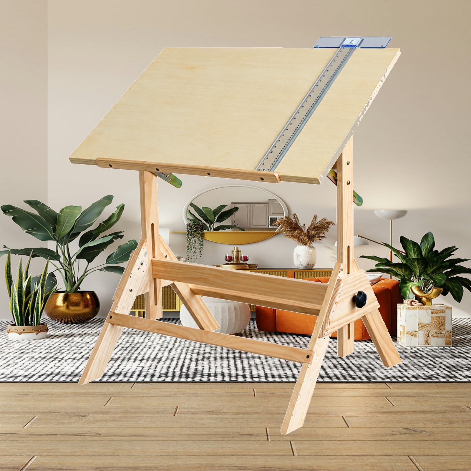 Tables - 傾斜可能な天板と高さ調節機能を備えた木製の描画テーブル。絵画や製図に適したスタジオデスク。