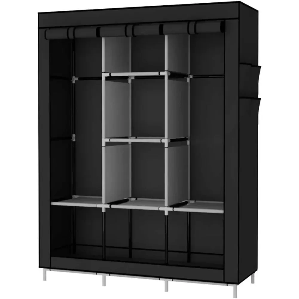 Wardrobe Closet Portable Fabric Cover - ポータブルワードローブクローゼット衣類オーガナイザー、不織布カバー、6段の収納棚付き、家庭用家具、黒のオープンキャビネット