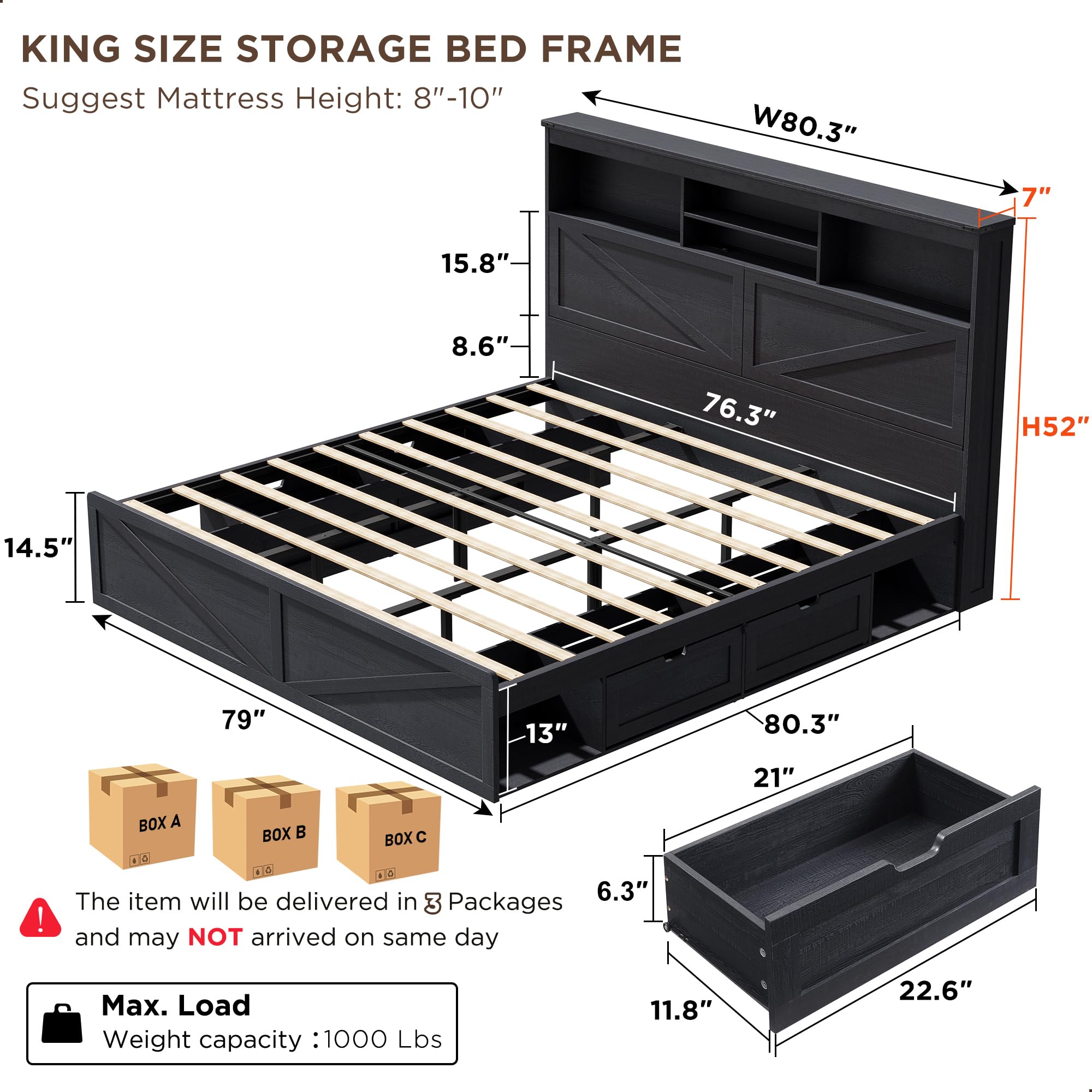 52インチの高さの収納付き本棚と4つの引き出しを備えた、木製 - King Size Bed Frame With Storage Drawers のレビューと価格