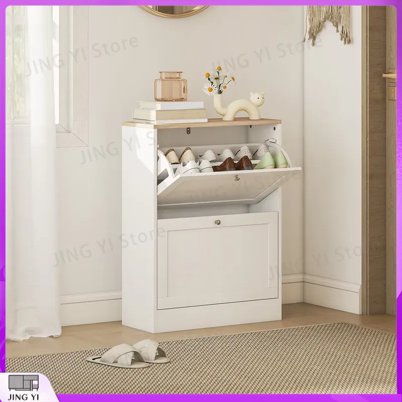 狭いスペース用の白い収納オーガナイザー、2つのフリップドロワ - Shoe Rack Cabinet Narrow Entryway のレビューと価格