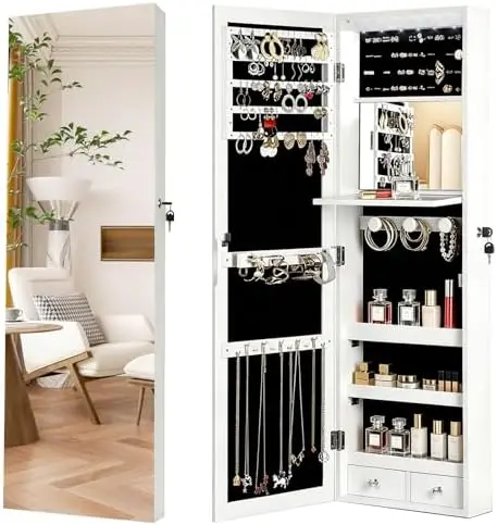 全身鏡付き、6つの自動LEDライト付き、壁掛け・ドア掛け両用 - Full Length Mirror Jewelry Armoire のレビューと価格