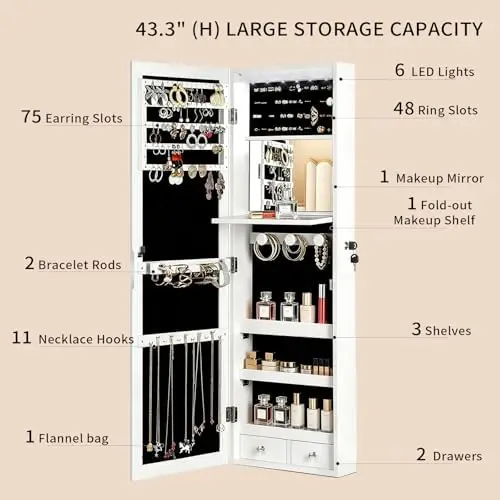 全身鏡付き、6つの自動LEDライト付き、壁掛け・ドア掛け両用 - Full Length Mirror Jewelry Armoire のレビューと価格