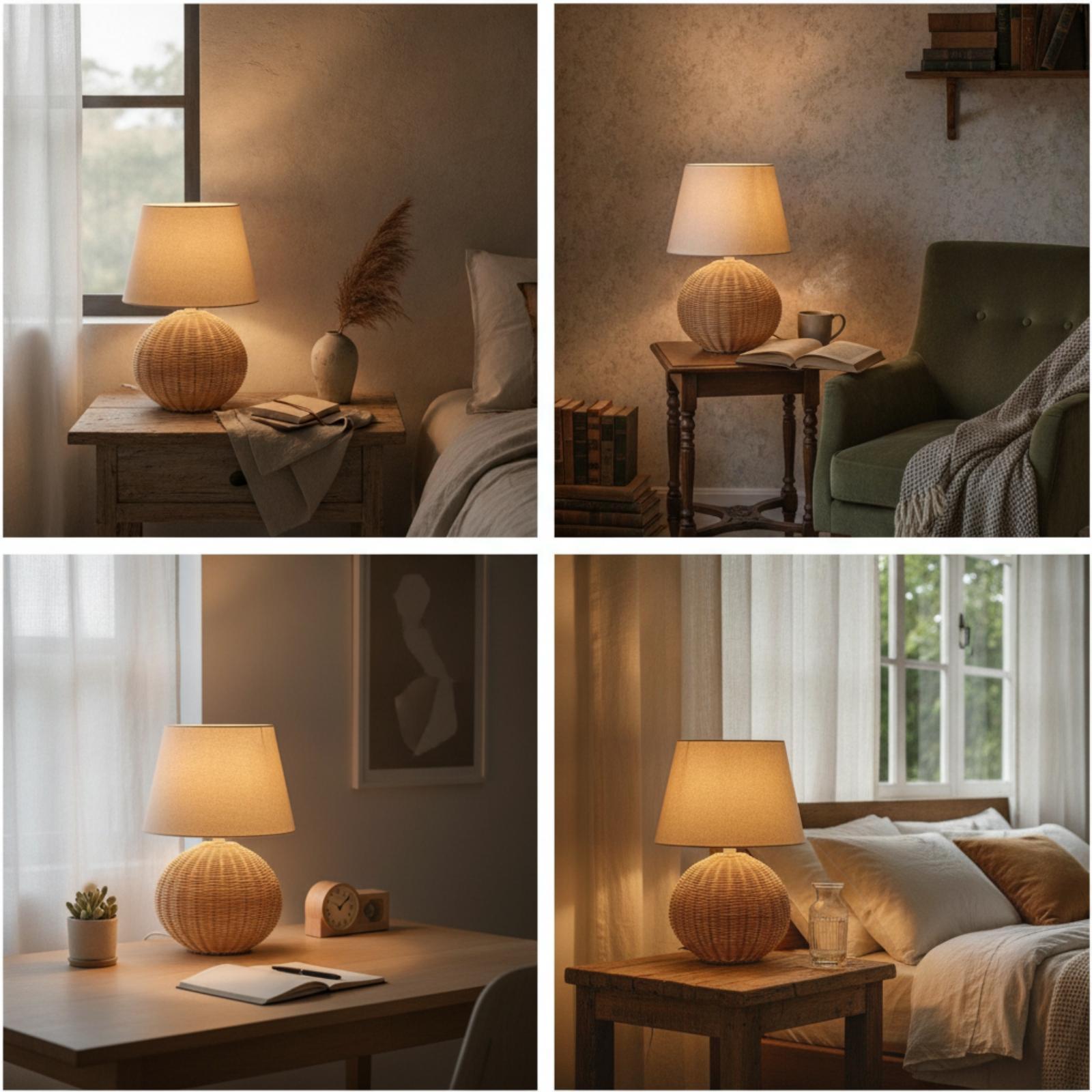 ベッドサイドランプ ラタンベース ファブリックシェード ナイ - Bedroom Furniture のレビューと価格