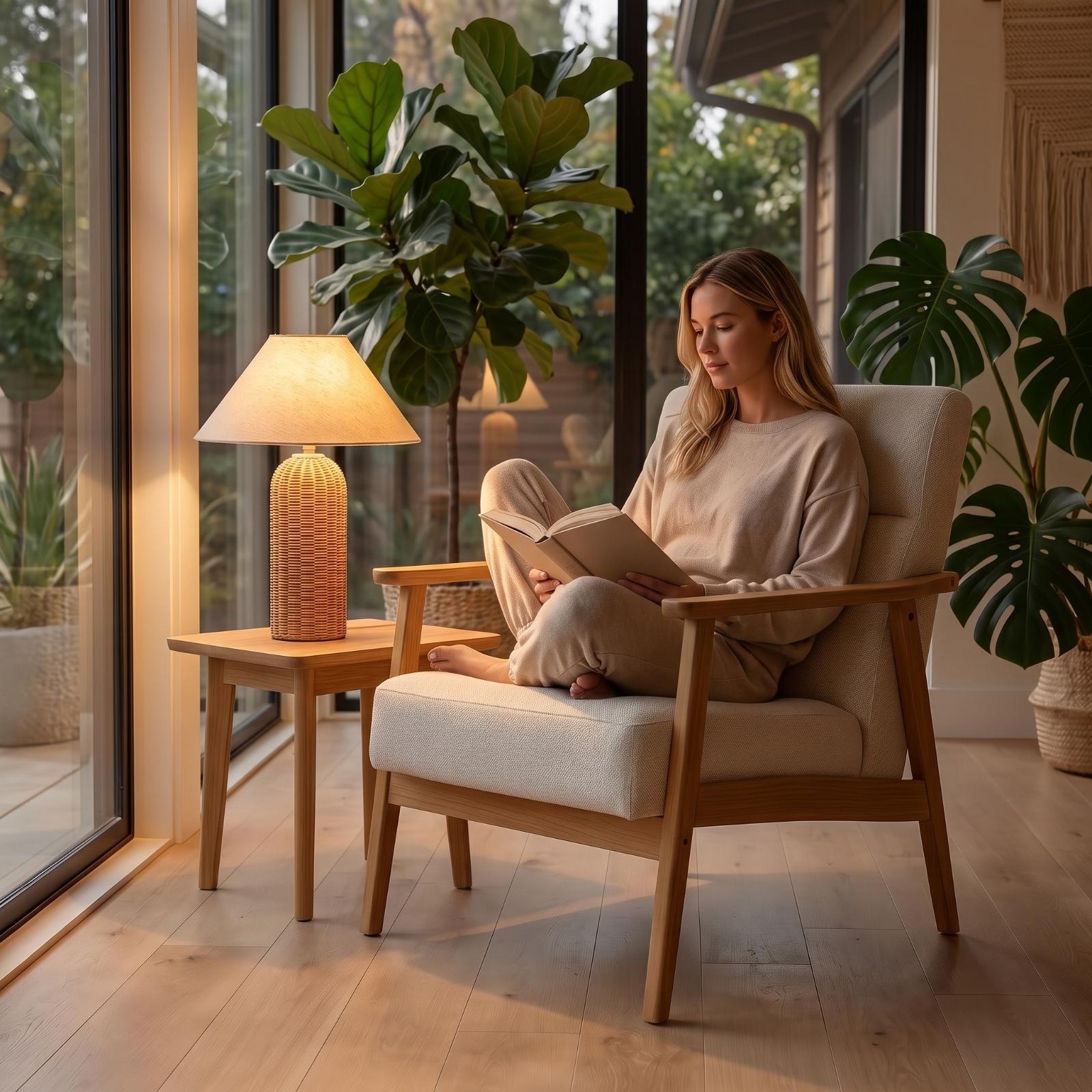 ベッドサイドランプ ラタンベース ファブリックシェード ナイ - Bedroom Furniture のレビューと価格