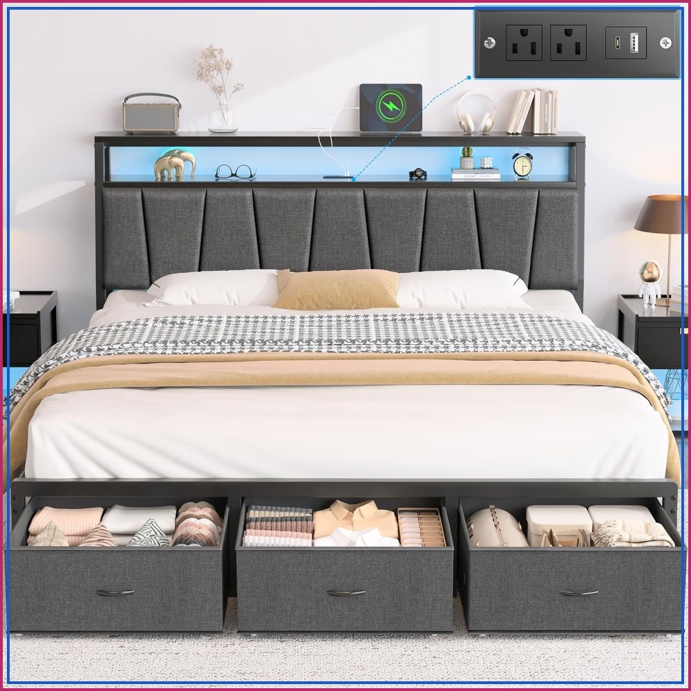 キングサイズベッドフレーム、収納付きヘッドボードと3つの引き - King Size Bed Frame With Storage Drawers のレビューと価格