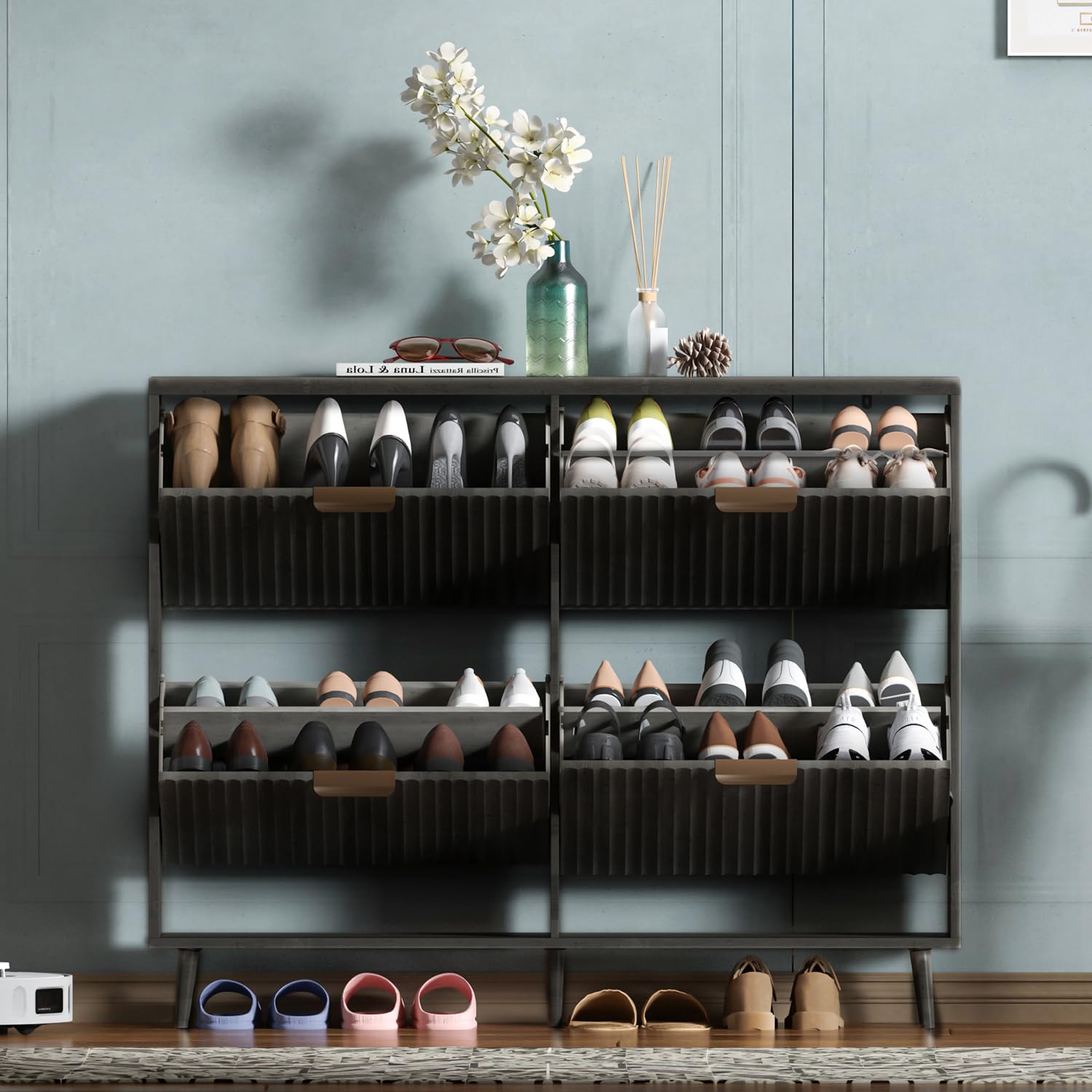 靴収納キャビネット、モダンなデザインの自立式収納棚。4つの引 - Shoe Rack Cabinet Narrow Entryway のレビューと価格