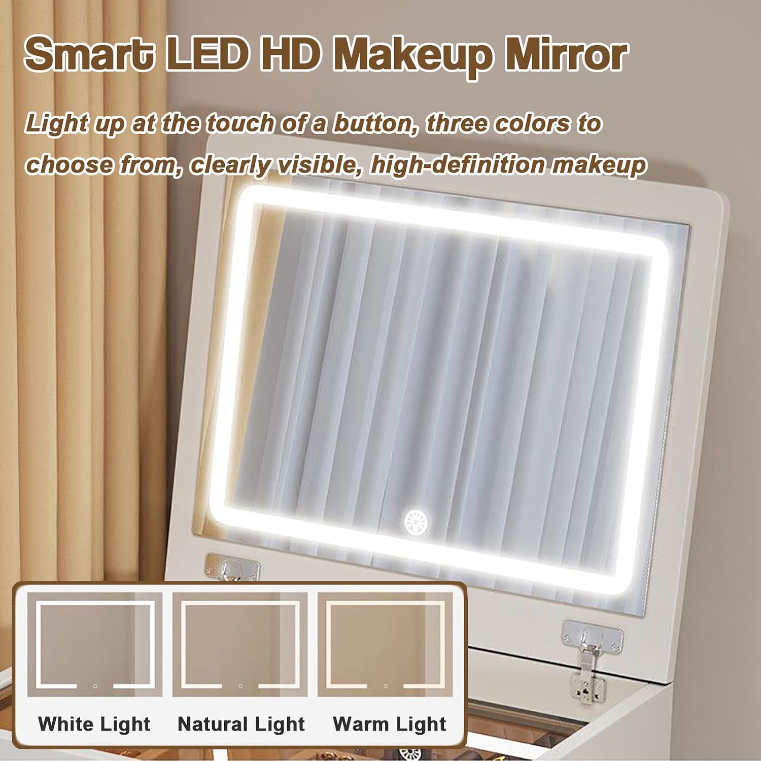 鏡と照明付きの3in1ドレッサーデスク、引き出しとキャビネッ - Dressing Table Vanity With Lighted Mirror のレビューと価格