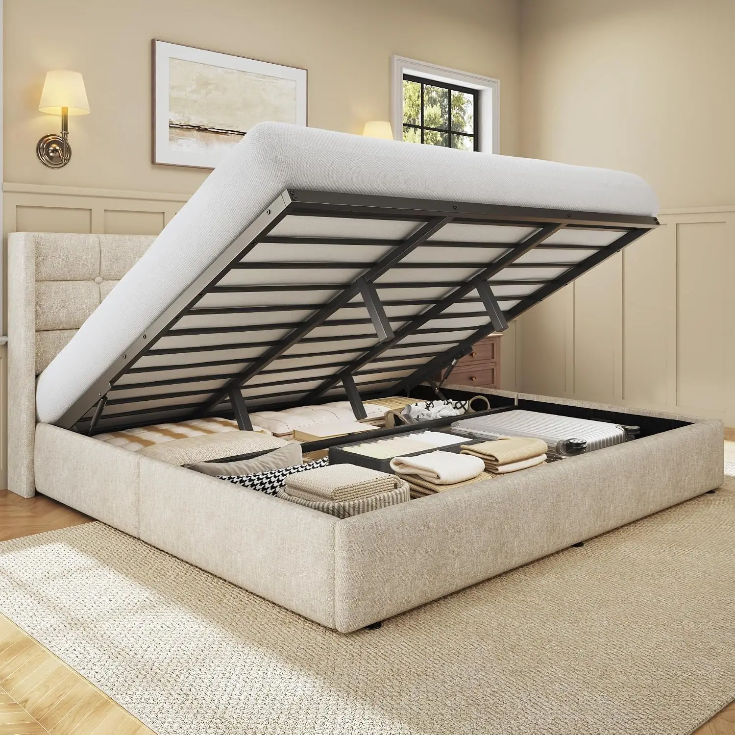 キングサイズのリフトアップ収納ベッドフレーム、リネン張りのプ - Gas Lift Storage Bed Hydraulic のレビューと価格