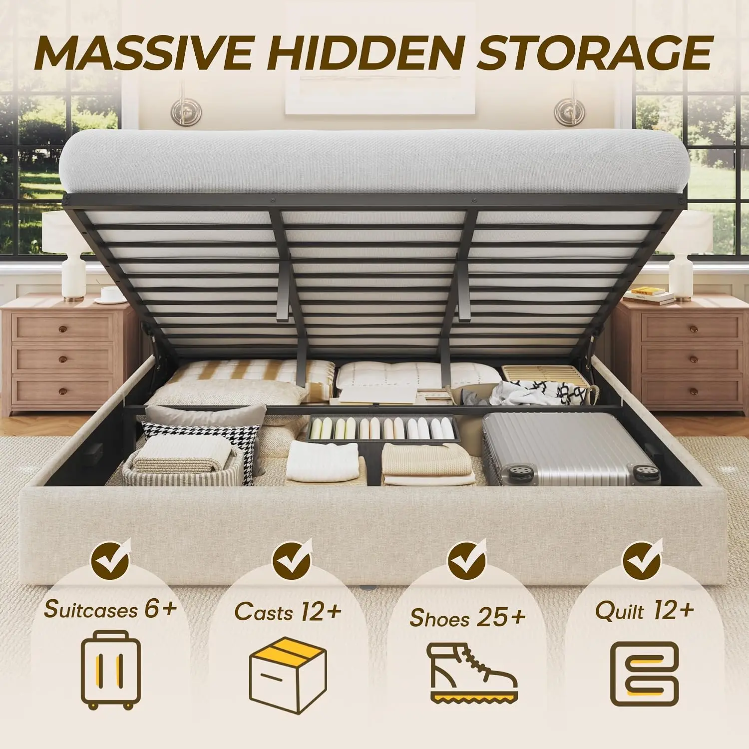 キングサイズのリフトアップ収納ベッドフレーム、リネン張りのプ - Gas Lift Storage Bed Hydraulic のレビューと価格