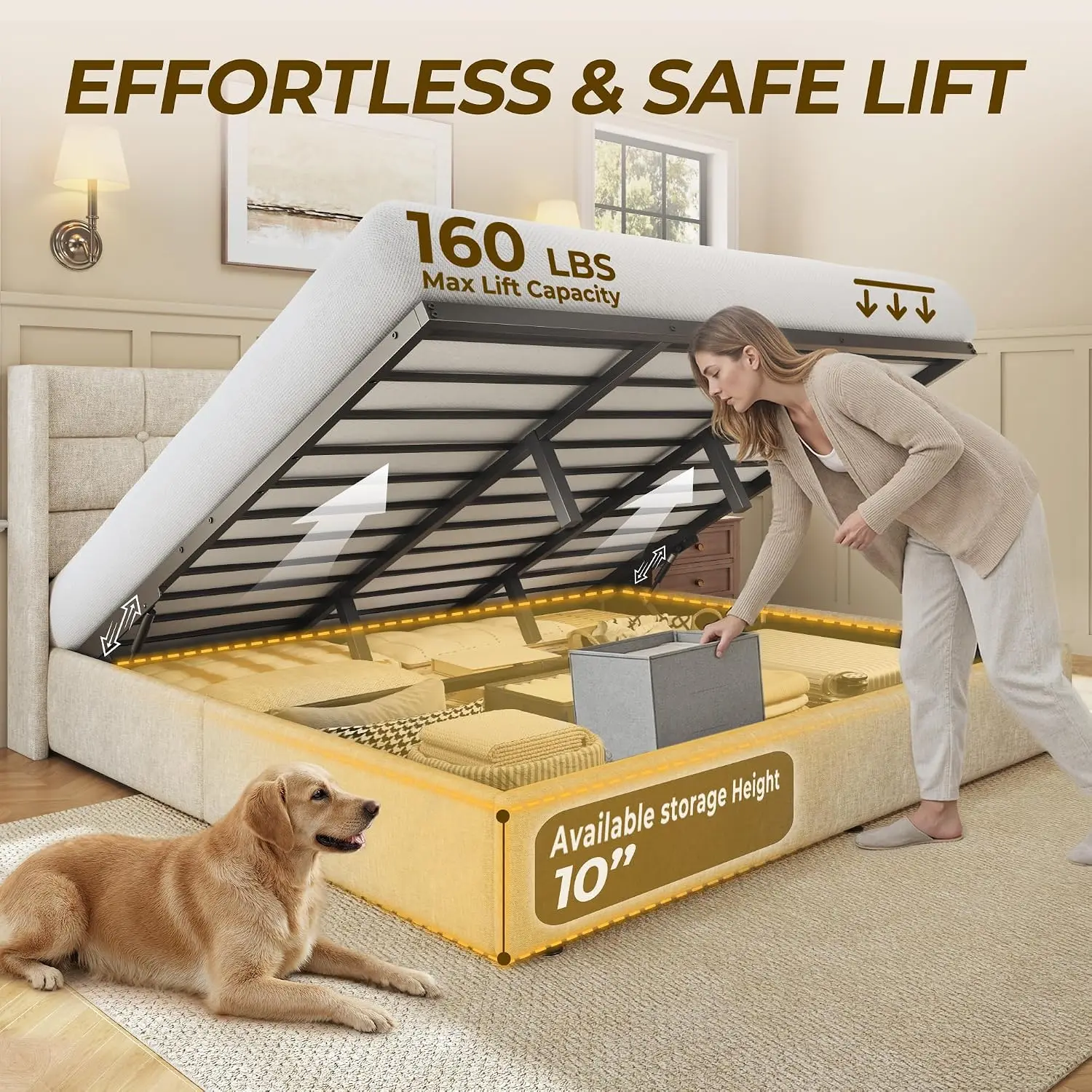 キングサイズのリフトアップ収納ベッドフレーム、リネン張りのプ - Gas Lift Storage Bed Hydraulic のレビューと価格