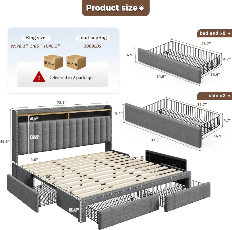 EnHomee キングサイズ布張りベッドフレーム、4つの収納 - King Size Bed Frame With Storage Drawers のレビューと価格