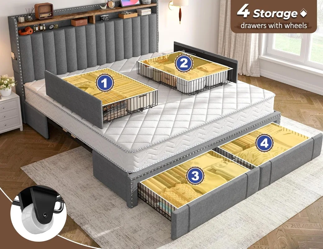 EnHomee キングサイズ布張りベッドフレーム、4つの収納 - King Size Bed Frame With Storage Drawers のレビューと価格