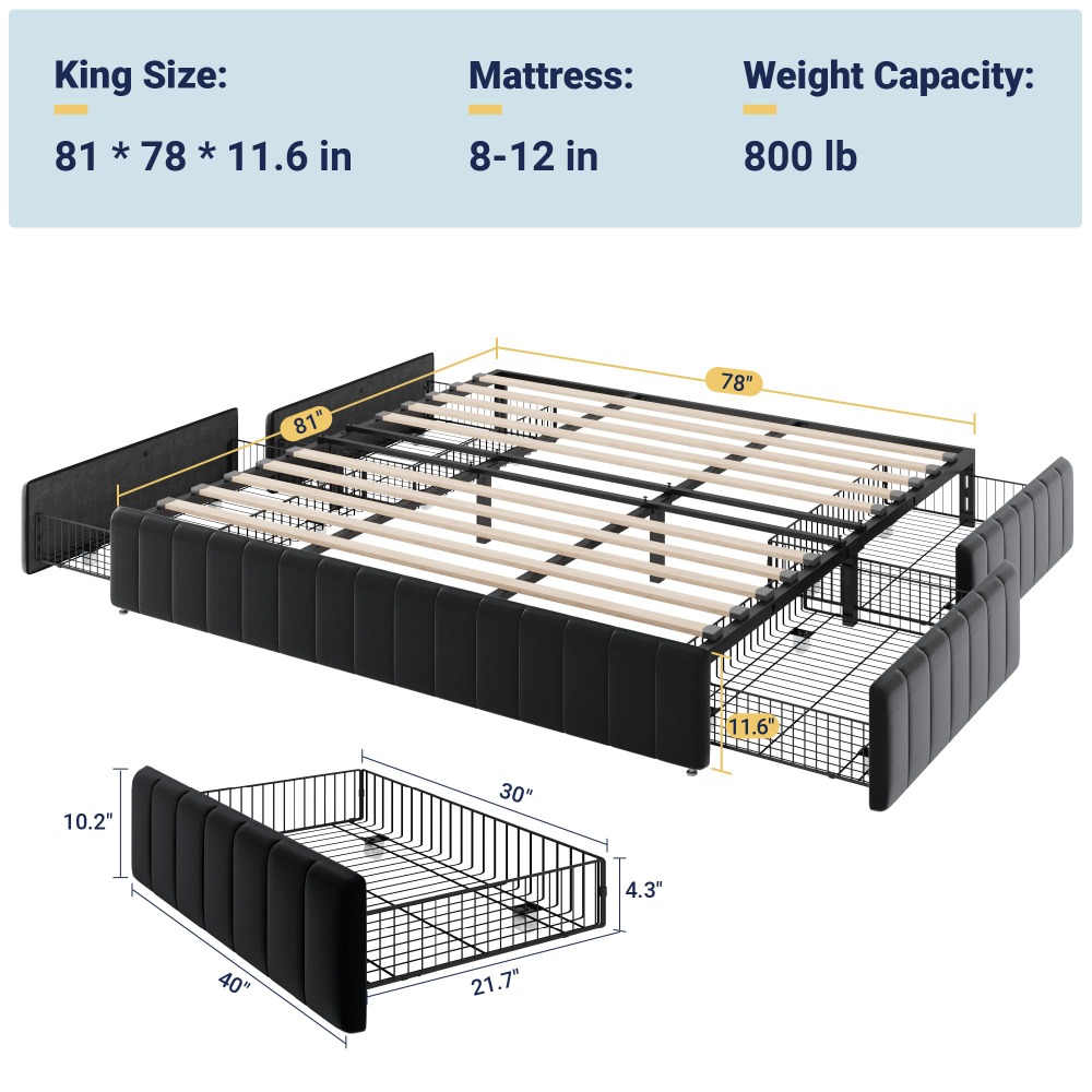 キングサイズのプラットフォームベッドフレーム、4つの大型収納 - King Size Bed Frame With Storage Drawers のレビューと価格