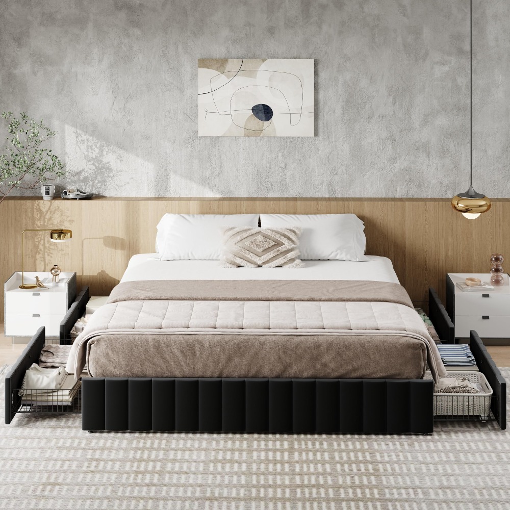 キングサイズのプラットフォームベッドフレーム、4つの大型収納 - King Size Bed Frame With Storage Drawers のレビューと価格