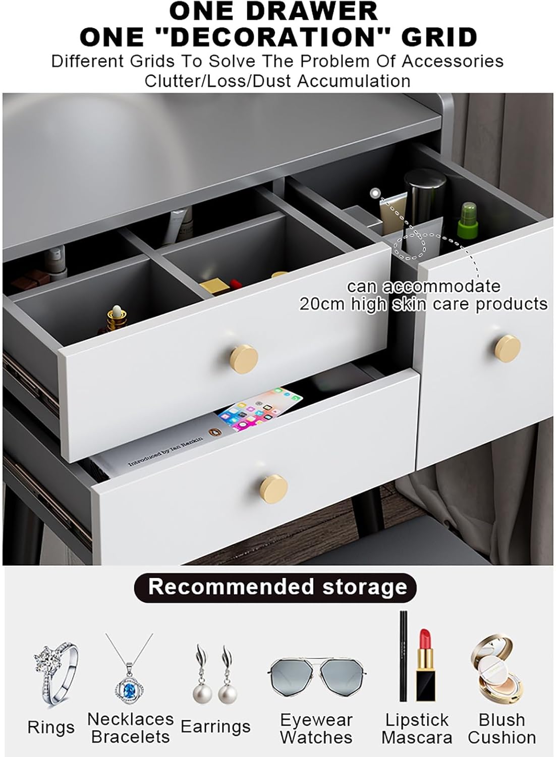 クッション付きのスツールと照明付きミラー、引き出しを備えた木 - Dressing Table Vanity With Lighted Mirror のレビューと価格