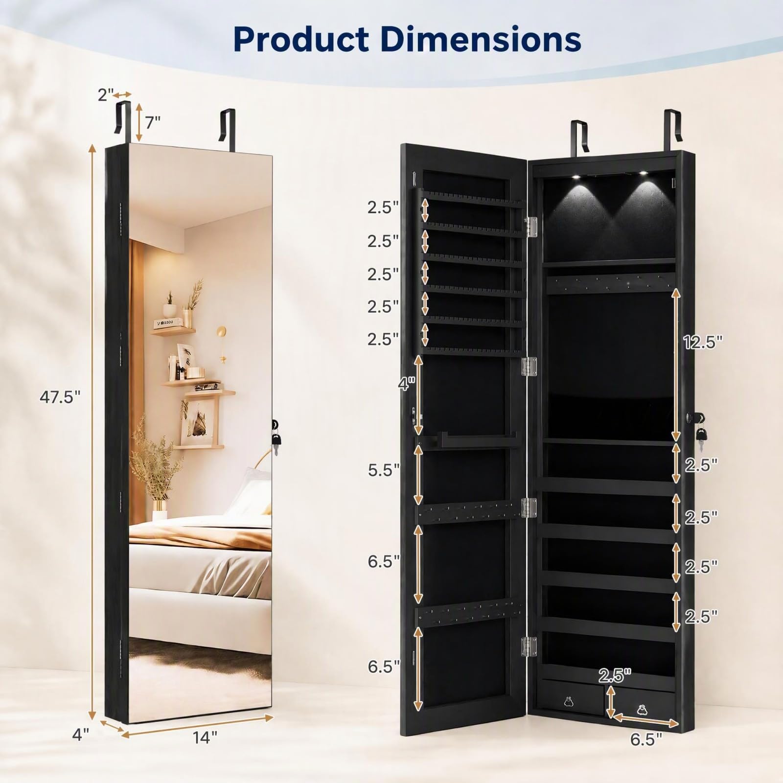 全身鏡付き、鍵付きのジュエリー収納キャビネット。壁掛け式。 - Full Length Mirror Jewelry Armoire のレビューと価格