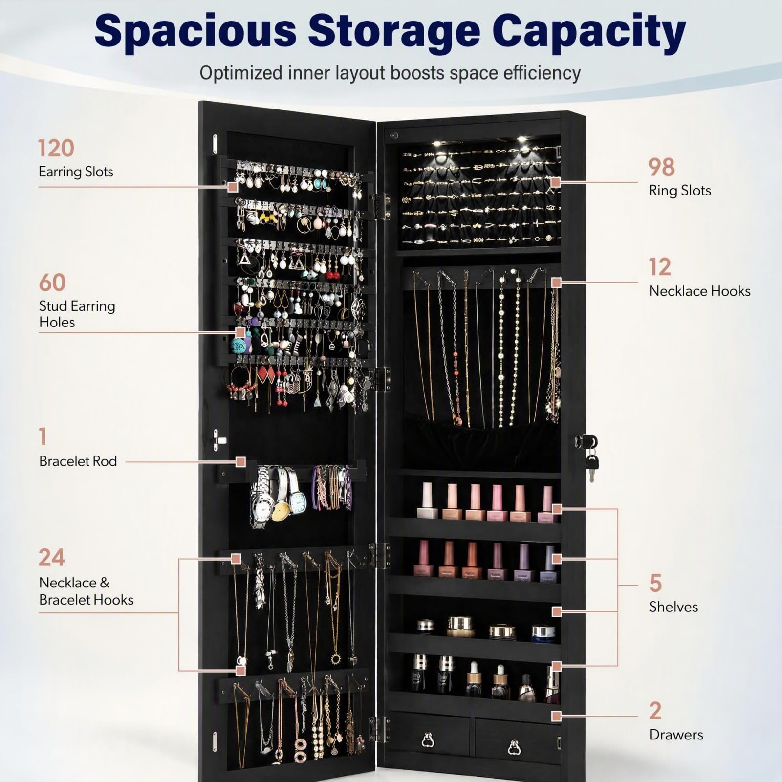 全身鏡付き、鍵付きのジュエリー収納キャビネット。壁掛け式。 - Full Length Mirror Jewelry Armoire のレビューと価格