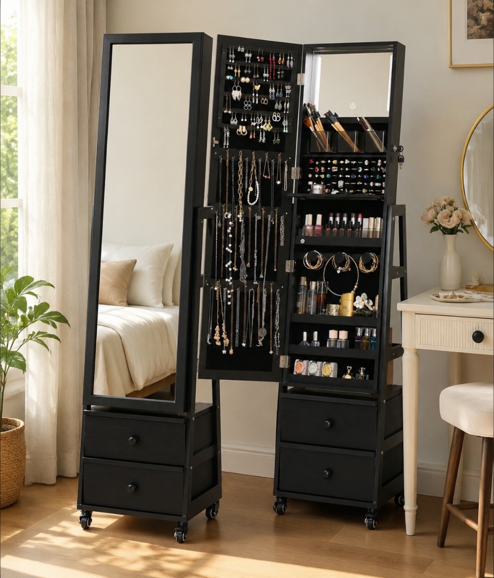 鍵付き自立型ジュエリーアルモア、全身鏡と引き出し付き、キャス - Full Length Mirror Jewelry Armoire のレビューと価格