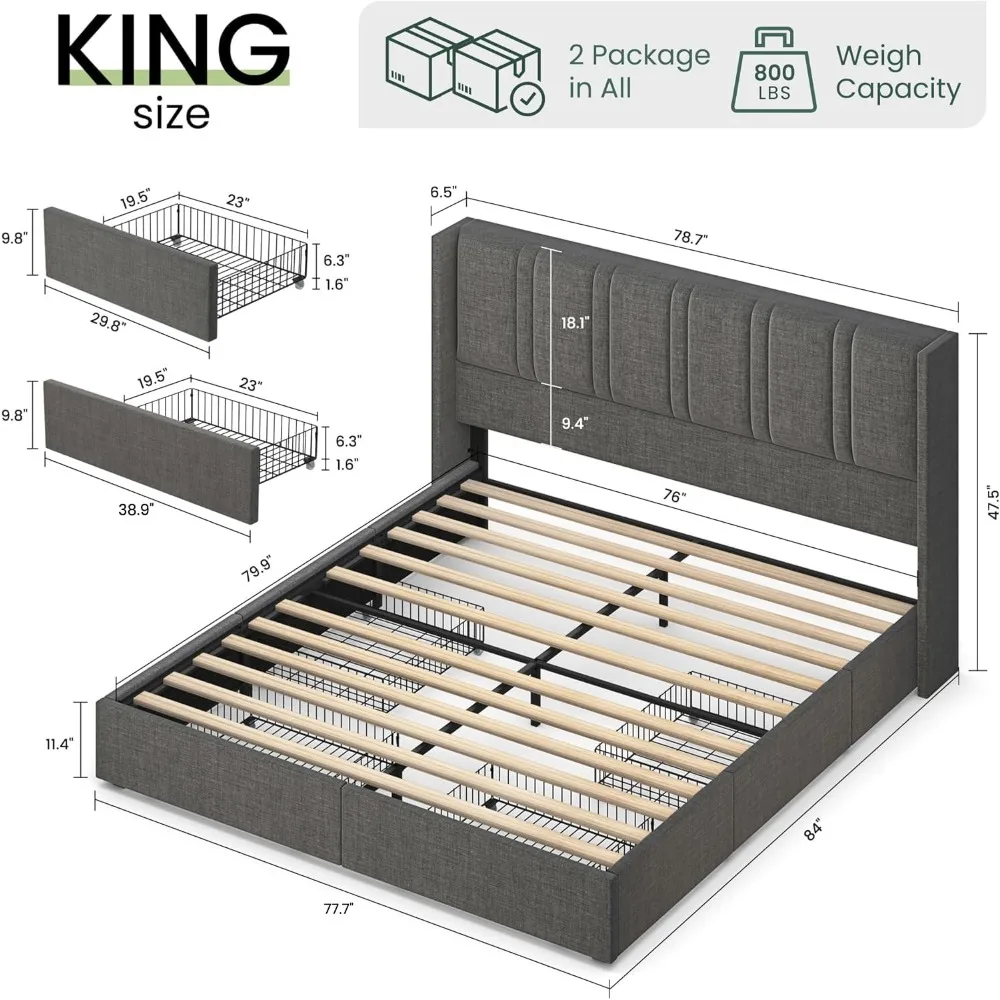 キングサイズのリネン張りプラットフォームベッドフレーム。背も - King Size Bed Frame With Storage Drawers のレビューと価格
