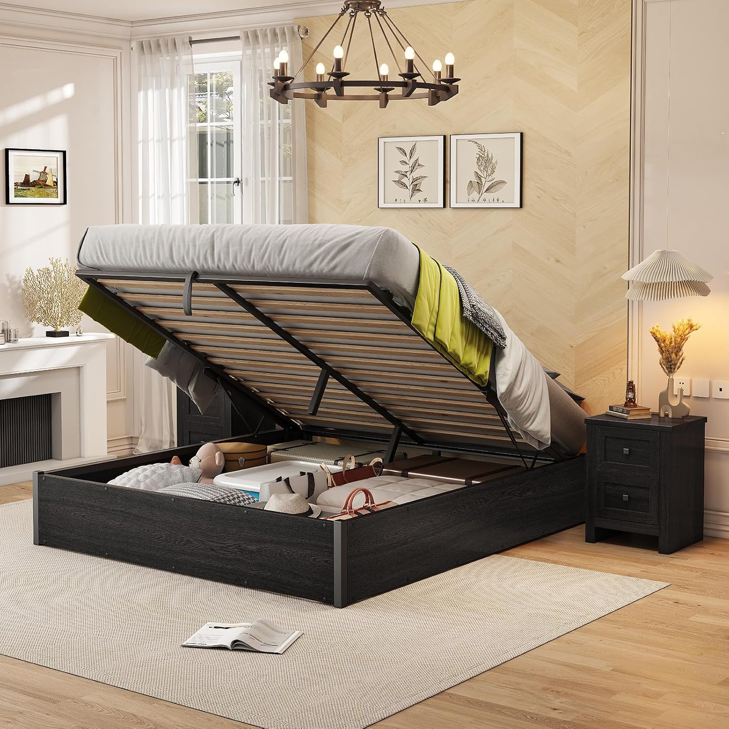 リフトアップ式収納ベッドフレーム、ダークオーク材のプラットフ - Gas Lift Storage Bed Hydraulic のレビューと価格