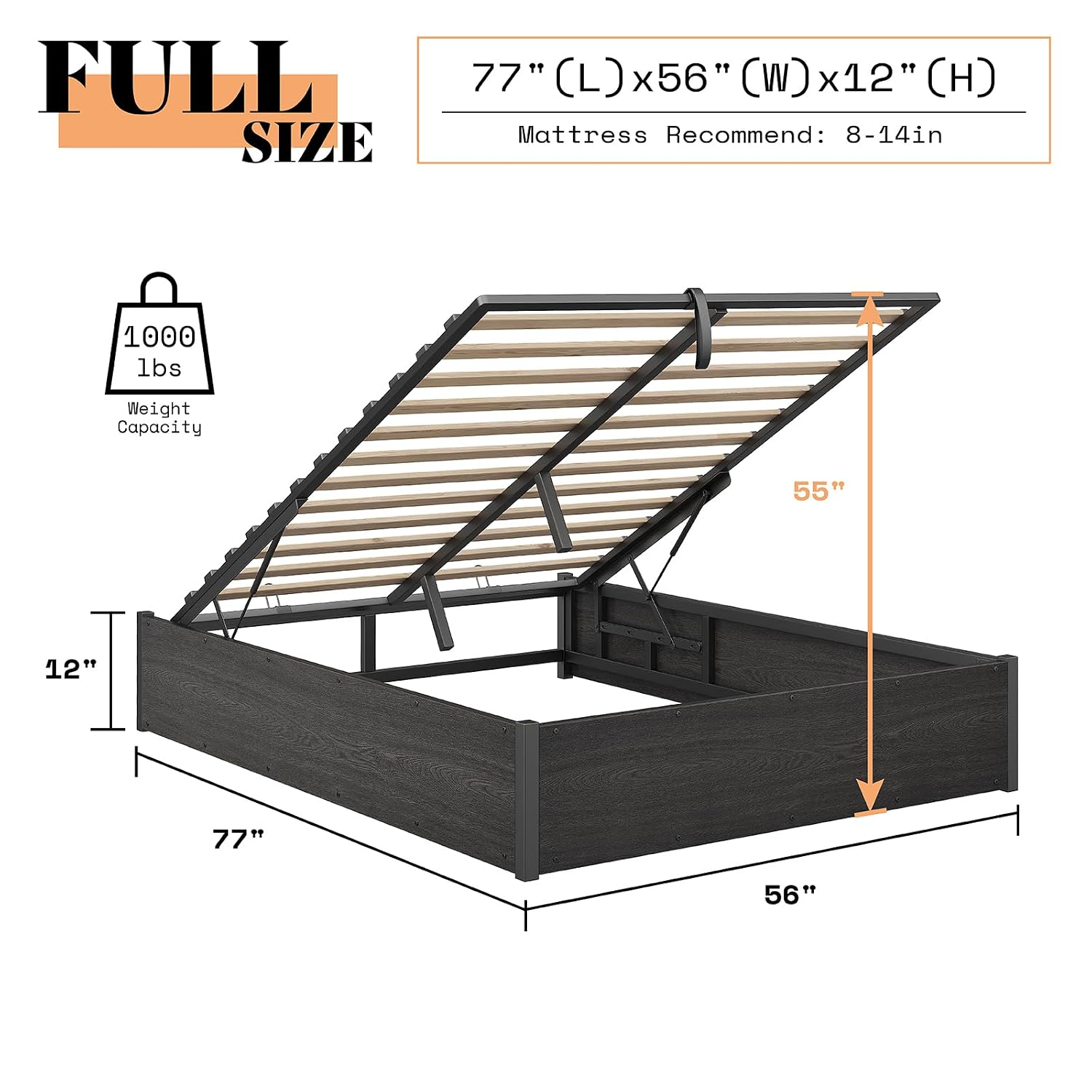 リフトアップ式収納ベッドフレーム、ダークオーク材のプラットフ - Gas Lift Storage Bed Hydraulic のレビューと価格