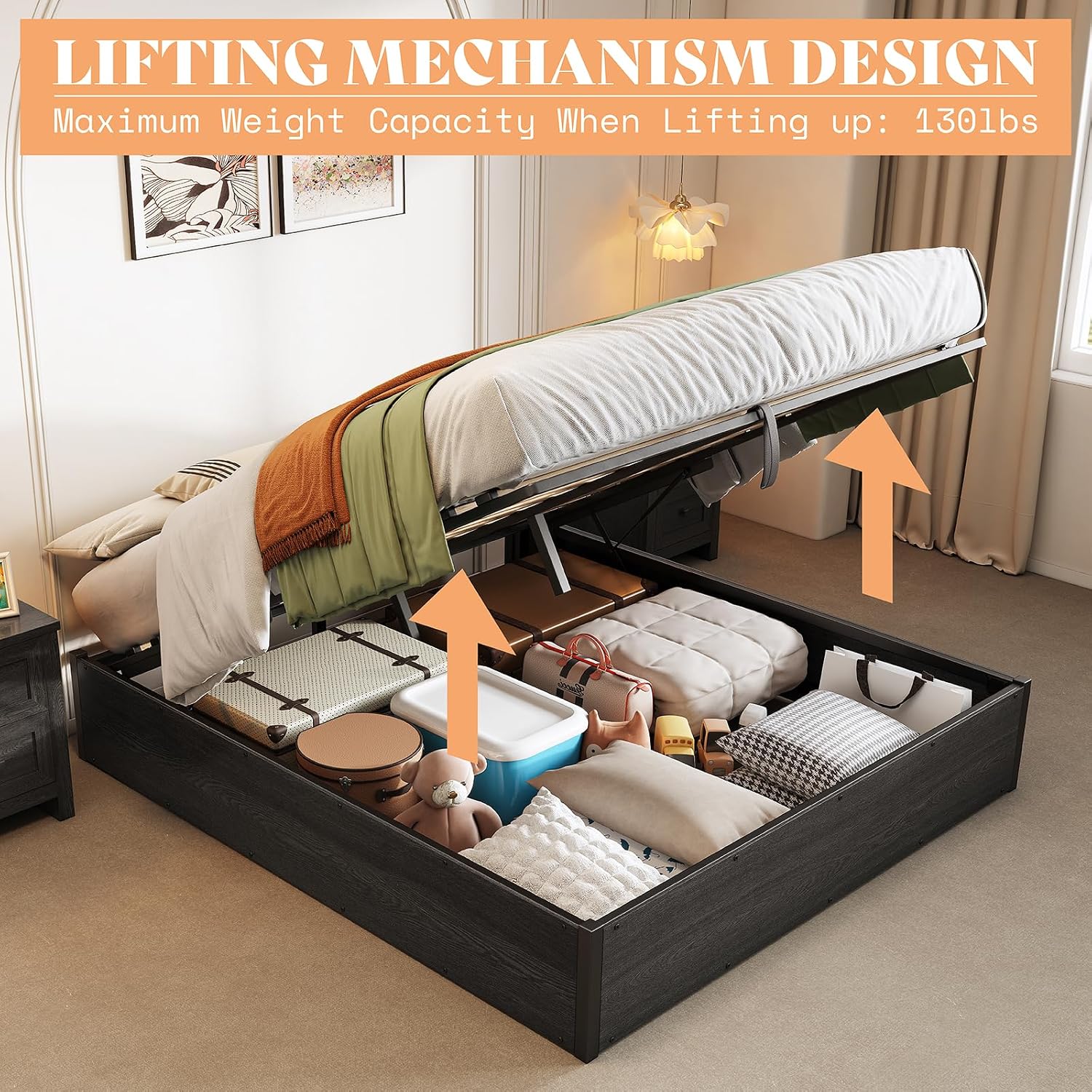 リフトアップ式収納ベッドフレーム、ダークオーク材のプラットフ - Gas Lift Storage Bed Hydraulic のレビューと価格