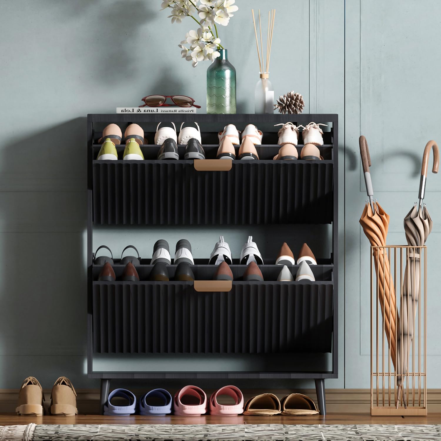 独立式のモダンな靴収納キャビネット。2つの引き出し付きで、狭 - Shoe Rack Cabinet Narrow Entryway のレビューと価格