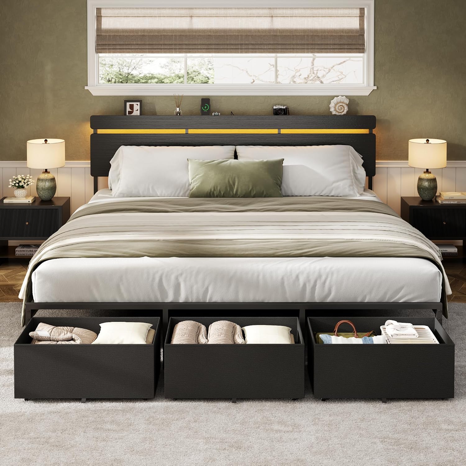 フォレストル製、キングサイズのベッドフレーム。木製のヘッドボ - King Size Bed Frame With Storage Drawers のレビューと価格