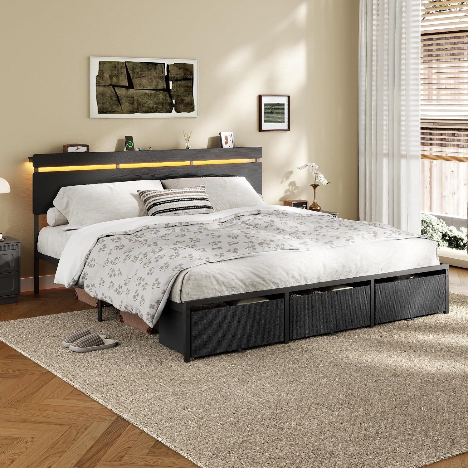 フォレストル製、キングサイズのベッドフレーム。木製のヘッドボ - King Size Bed Frame With Storage Drawers のレビューと価格