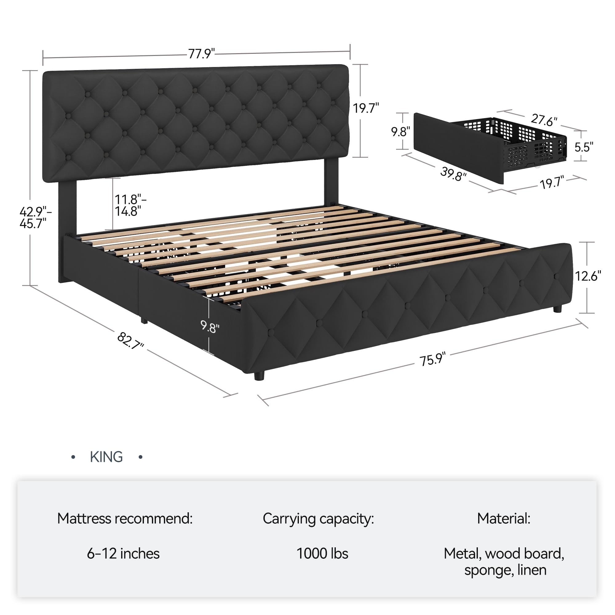 キングサイズのベッドフレーム。収納引き出し4つ付き、ヘッドボ - King Size Bed Frame With Storage Drawers のレビューと価格