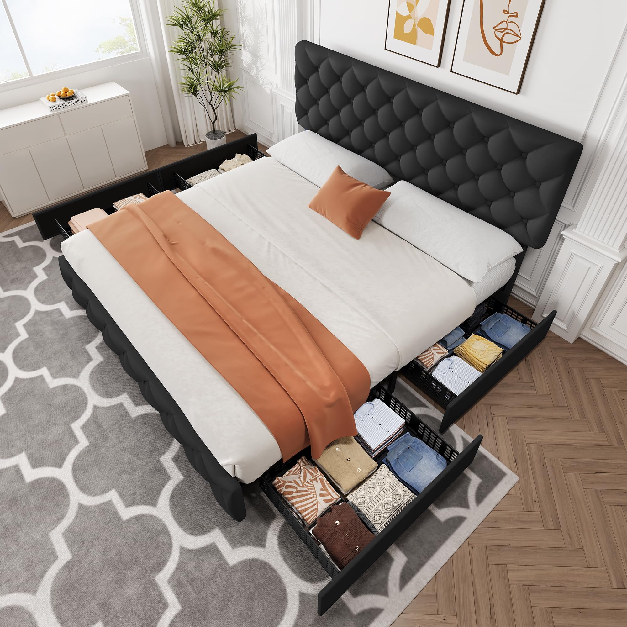 キングサイズのベッドフレーム。収納引き出し4つ付き、ヘッドボ - King Size Bed Frame With Storage Drawers のレビューと価格