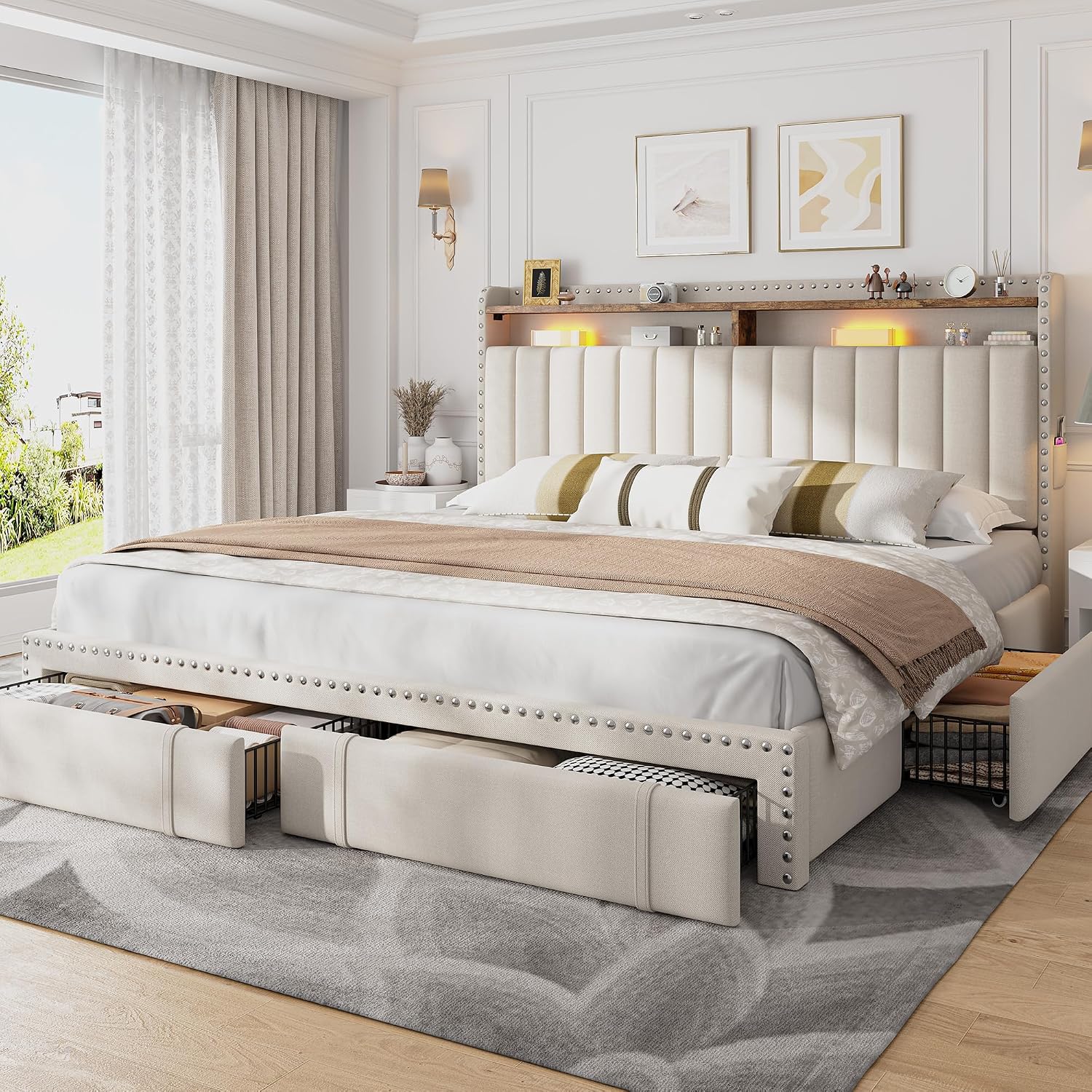 キングサイズのベッドフレーム。収納引き出し4つとヘッドボード - King Size Bed Frame With Storage Drawers のレビューと価格