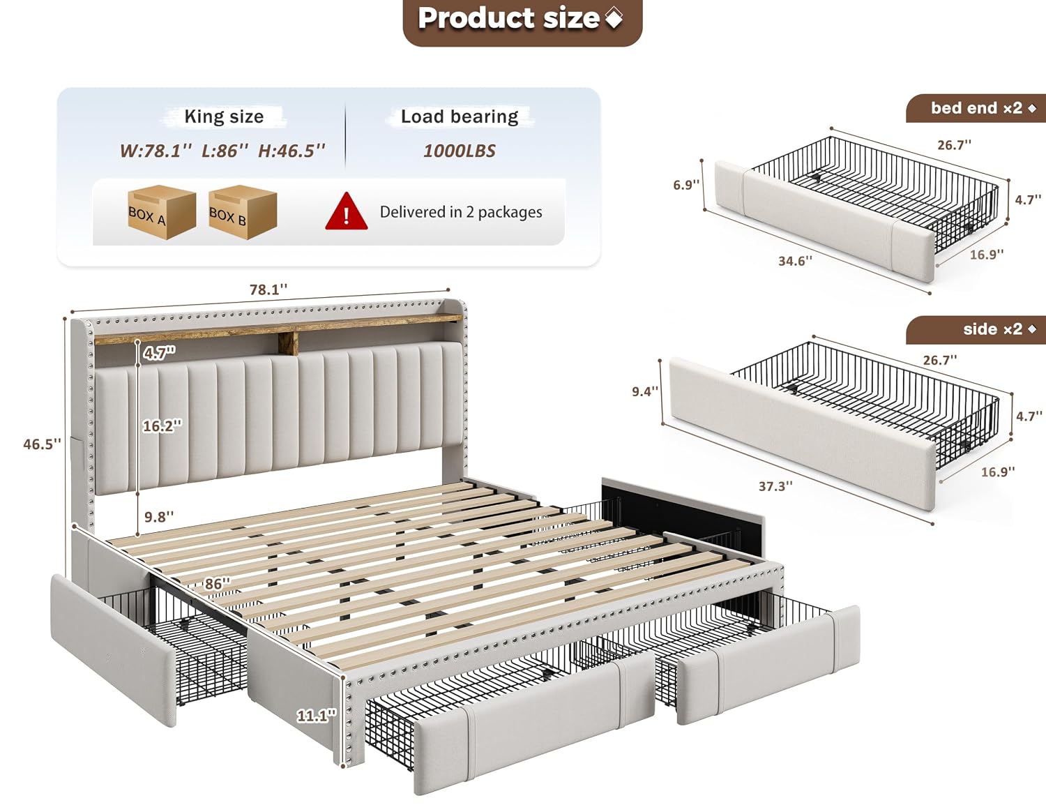 キングサイズのベッドフレーム。収納引き出し4つとヘッドボード - King Size Bed Frame With Storage Drawers のレビューと価格