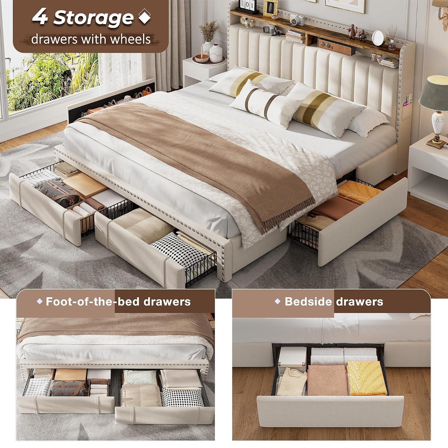 キングサイズのベッドフレーム。収納引き出し4つとヘッドボード - King Size Bed Frame With Storage Drawers のレビューと価格